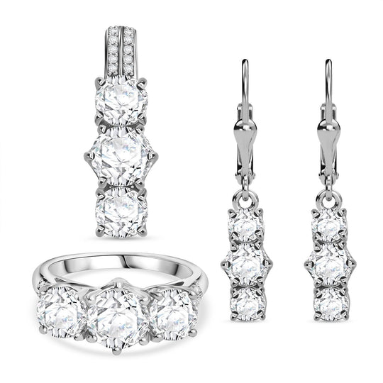 3er Set - Moissanit Anhänger, Ring und Ohrringe, 925 Silber rhodiniert, Größe (19.00), ca. 7,43 ct.