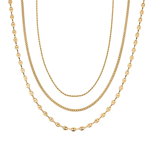 3er Set - Kugelkette 40 cm, Gliederkette 45 cm, Ankerkette 55 cm, Edelstahl, Goldfarben
