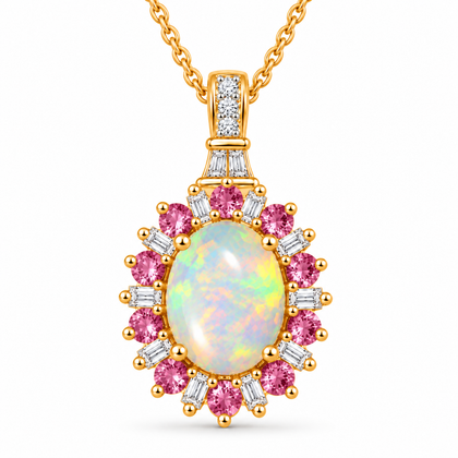 AA natürlicher, äthiopischer Welo Opal, Tsavorit Granat und Moissanit Anhänger mit 50cm Kette, 1,87 ct., 925 Silber 750 Gelbgold Vermeil