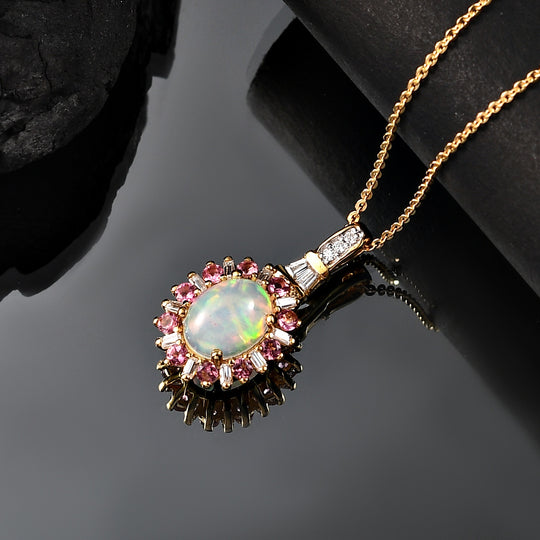 AA Natürlicher, äthiopischer Welo Opal, Neon Apatit Blütenzauber Anhänger mit Kette ca. 50 cm, 925 Silber 750 Gelbgold Vermeil ca. 1.81 ct