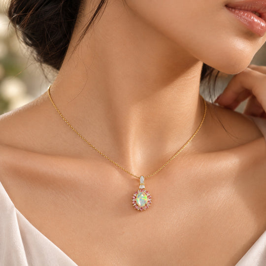 AA natürlicher, äthiopischer Welo Opal, Tsavorite Granat und Moissanit Anhänger mit 50cm Kette, 925 Silber 750 Gelbgold Vermeil - 1,87 ct
