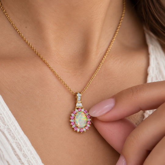 AA natürlicher, äthiopischer Welo Opal, Tsavorite Granat und Moissanit Anhänger mit 50cm Kette, 925 Silber 750 Gelbgold Vermeil - 1,87 ct