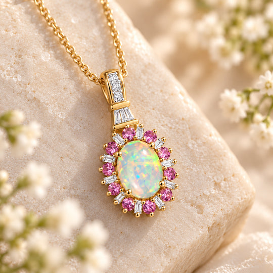 AA natürlicher, äthiopischer Welo Opal, Tsavorite Granat und Moissanit Anhänger mit 50cm Kette, 925 Silber 750 Gelbgold Vermeil - 1,87 ct
