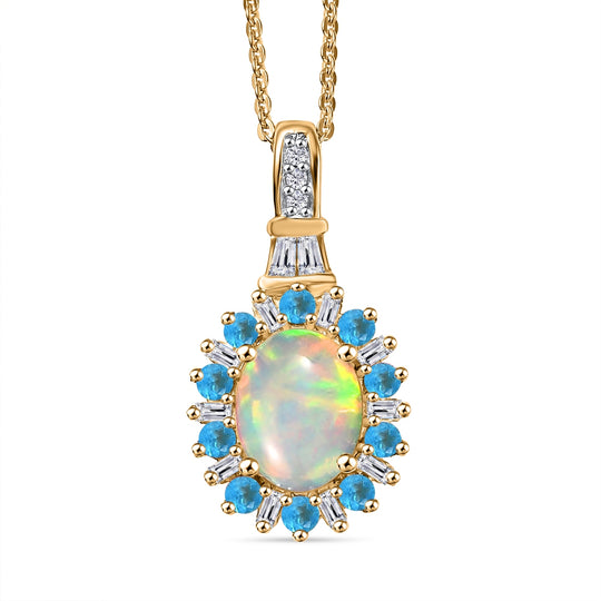 AA Natürlicher, äthiopischer Welo Opal, Neon Apatit Blütenzauber Anhänger mit Kette ca. 50 cm, 925 Silber 750 Gelbgold Vermeil ca. 1.81 ct