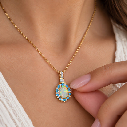 AA natürlicher, äthiopischer Welo Opal, Neon Apatit und Moissanit Anhänger mit 50cm Kette, 925 Silber 750 Gelbgold Vermeil - 1.86 ct