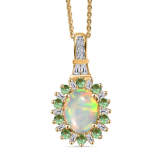 AA Natürlicher, äthiopischer Welo Opal, Neon Apatit Blütenzauber Anhänger mit Kette ca. 50 cm, 925 Silber 750 Gelbgold Vermeil ca. 1.81 ct