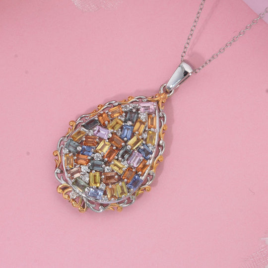Mehrfarbig Saphir, Weißer Zirkon Anhänger mit Kette, 925 Silber Gelbgold Vermeil ca. 3.67 ct