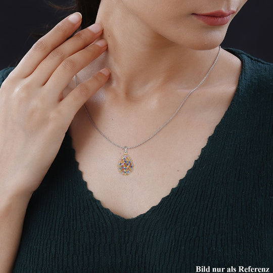Mehrfarbig Saphir, Weißer Zirkon Anhänger mit Kette, 925 Silber Gelbgold Vermeil ca. 3.67 ct