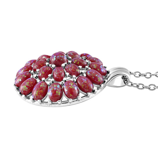 Simuliertes Rotes Opal Anhänger mit Kette ca. 50 cm + 5 cm Extender, 316L Edelstahl