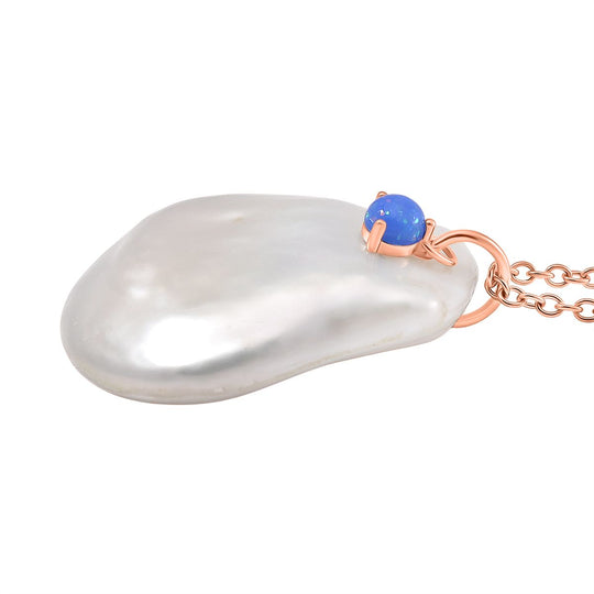 Weiße Keshi Perle, Blauer Opal Schmuckset Messing und Edelstahl IP Rosa Plattierung