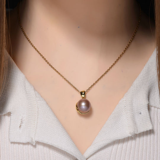 Lila Edison Perle Anhänger mit Kette, Messing, Reiner Edelstahl, vergoldet