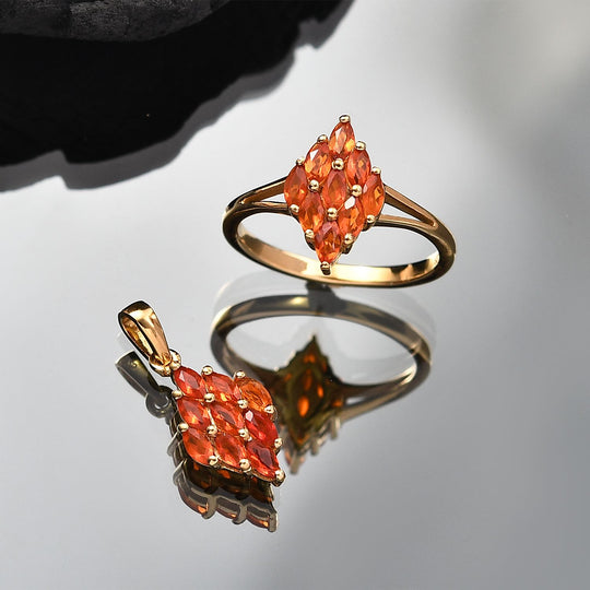 2er Set - Blaze Feueropal Anhänger und Ring, Größe (20.00), 925 Silber 750 Gelbgold Vermeil ca. 1.16 ct