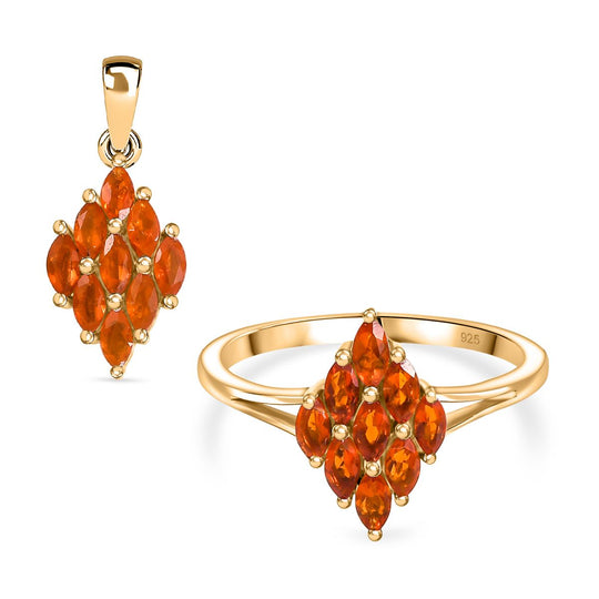 2er Set - Blaze Feueropal Anhänger und Ring, Größe (20.00), 925 Silber 750 Gelbgold Vermeil ca. 1.16 ct
