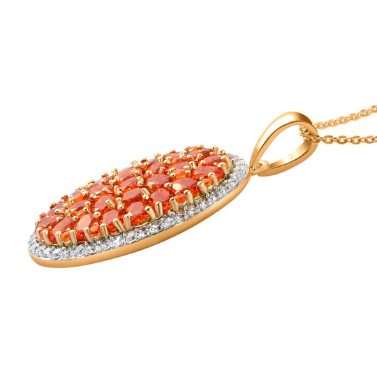 Salamanca Feueropal und weißer Zirkon-Anhänger mit Kette, 925 Silber Gelbgold Vermeil ca. 3.92 ct