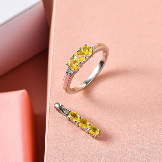 Gelber Saphir-Ring und Anhänger, 925 Silber platiniert ca. 1,24 ct