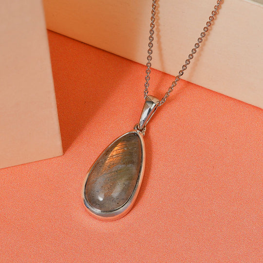 Feuer Labradorit-Anhänger mit Kette, 925 Silber platiniert ca. 8.52 ct