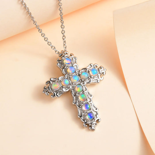 Natürlicher, äthiopischer Welo Opal Kreuz-Anhänger mit Kette, Edelstahl ca. 0.89 ct