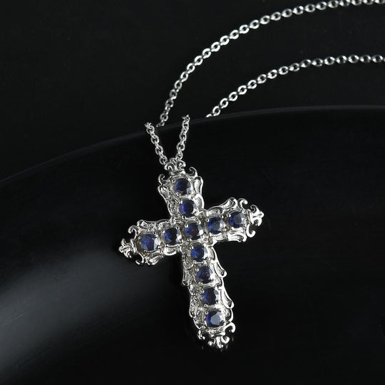 Masoala Saphir (Fissure gefüllt) Kreuz-Anhänger mit Kette, Edelstahl ca. 1.58 ct
