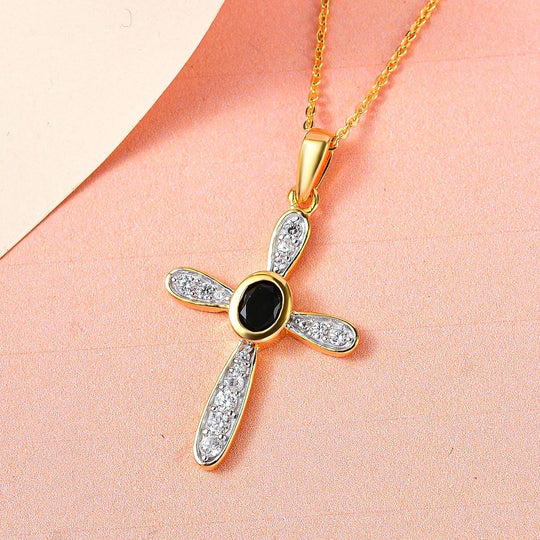 Natürlicher Chrom Turmalin und weißer Zirkon Kreuz-anhänger mit Kette, 925 Silber Gelbgold Vermeil ca. 0.55 ct