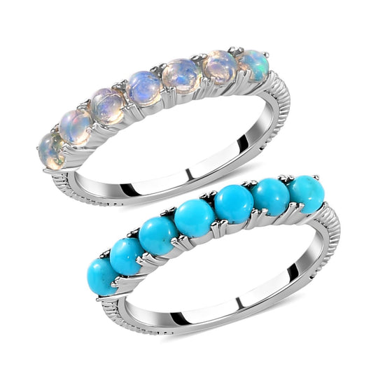 2er Set - Sleeping Beauty Türkis und natürlicher, äthiopischer Opal Ring, Edelstahl, ca. 1,44 ct