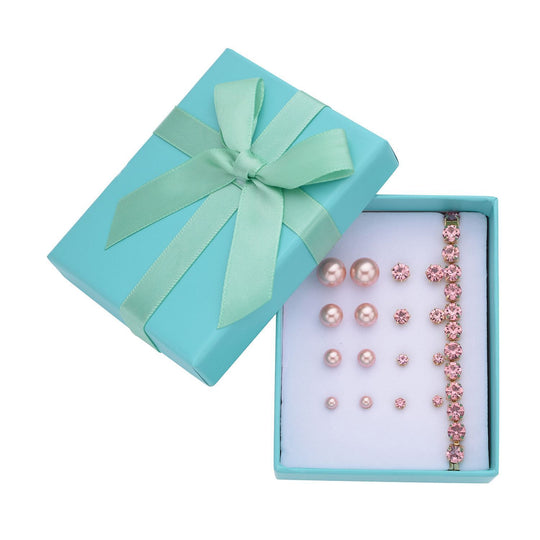9er-Set - weiße Muschelkernperle Ohrringe und Kristall Ohrringe und Armband, Messing und Edelstahl