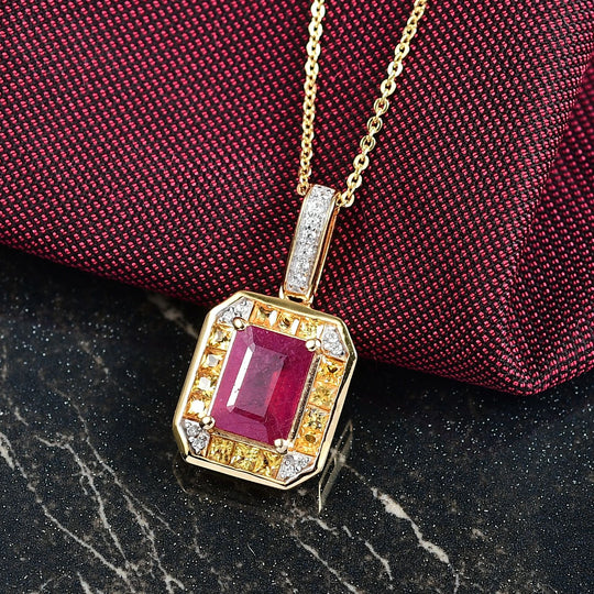 D'Joy AA Afrikanischer Rubin (Fissure gefüllt), Gelber Saphir Anhänger mit Kette ca. 50 cm 925 Silber 750 Gelbgold Vermeil ca. 2.81 ct