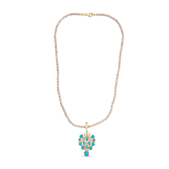 D joy Sleeping Beauty Türkis, Weiße Süßwasserperle Anhänger mit Kette, 925 Silber 750 Gelbgold Vermeil