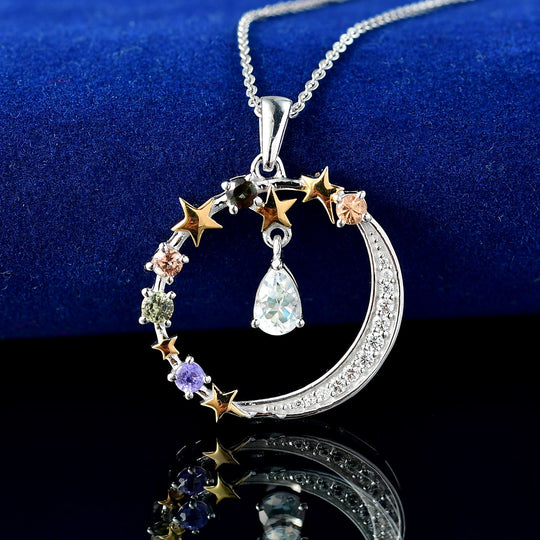 D'joy AAA Premium Malagasy Mondstein, Mehrfarbiger Saphir Starlight Whispers Anhänger mit Kette (ca. 50cm), 925 Silber platiniert und vergoldet ca. 1.21 ct
