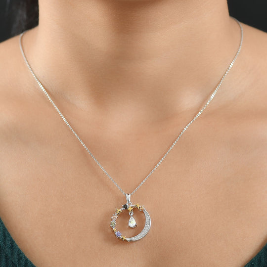 D'joy AAA Premium Malagasy Mondstein, Mehrfarbiger Saphir Starlight Whispers Anhänger mit Kette (ca. 50cm), 925 Silber platiniert und vergoldet ca. 1.21 ct
