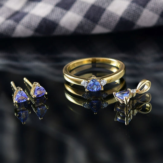3er Set - D'Joy Tansanit Ohrringe, Ring und Anhänger, 925 Silber vergoldet (Größe 20.00) ca. 1.15 ct
