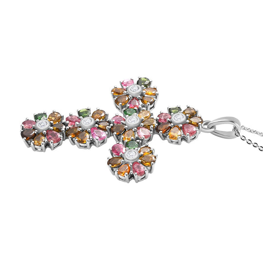 Natürlicher, mehrfarbiger-Turmalin, weißer Zirkon Anhänger mit Kette, 925 Silber platiniert ca. 6.26 ct