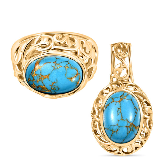 2er Set - Blauer Türkis Ring und Anhänger, (Größe 20.00), Nickelfreies Gelb Messing, ca. 14.00 ct