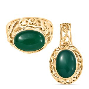 2er Set - Verde Onyx Ring und Anhänger, (Größe 19.00), Nickelfreies Gelb Messing, ca. 14.00 ct
