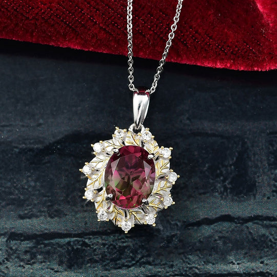 Bloomfire - D'joy Wassermelonen Quarz Triplette, Weißer Zirkon Anhänger mit Kette ca. 45 cm, 925 Silber platiniert und vergoldet ca. 4.40 ct
