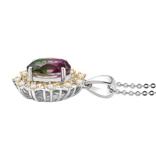 Bloomfire - D'joy Wassermelonen Quarz Triplette, Weißer Zirkon Anhänger mit Kette ca. 45 cm, 925 Silber platiniert und vergoldet ca. 4.40 ct