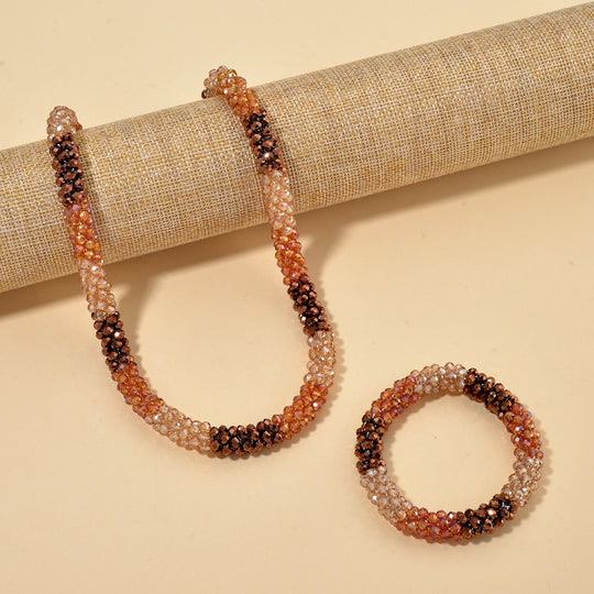 2er Set - Mehrfarbiger Kristall Halskette und Armband, flexibel, Orange-Grün