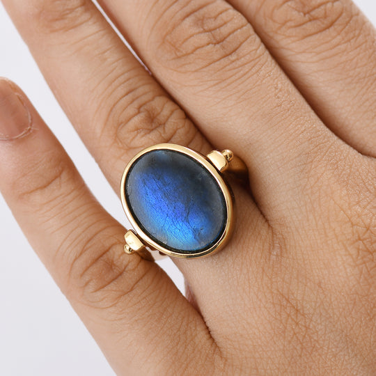 2-in-1 Labradorit Siegel Ring und Anhänger im Wende-Design, Messing goldfarben mit 316L Edelstahl kette (Größe 21) ca. 16,16 ct.