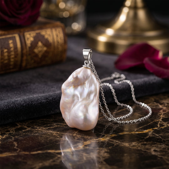 D'joy AAAA weißer Süßwasser Barockperle Anhänger mit 50cm Kette, 925 Silber rhodiniert