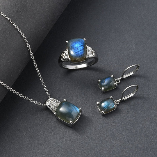 4er Set- AAA Labradorit Ohrringe, Anhänger mit Kette (ca. 50 cm) und Ring (Größe 19.00), Schmuckset, Reiner Edelstahl ca. 15.00 ct