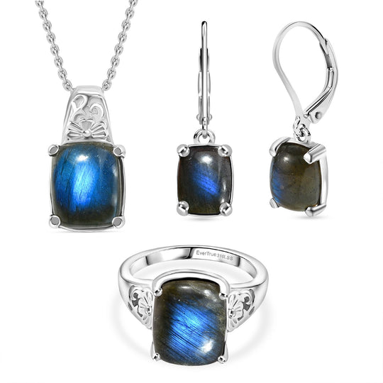 4er Set- AAA Labradorit Ohrringe, Anhänger mit Kette (ca. 50 cm) und Ring (Größe 19.00), Schmuckset, Reiner Edelstahl ca. 15.00 ct
