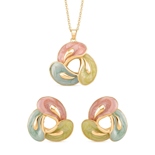 2er-Set Emaille-Anhänger mit Kette und Ohrsteckern, abstraktes Design, Blau-Weiß