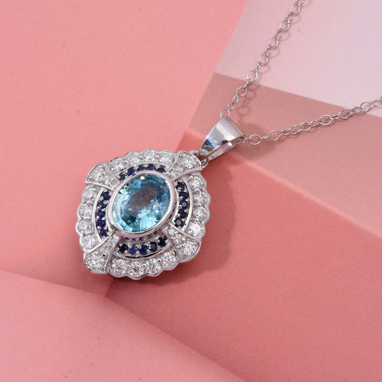 D'Joy Blauer Zirkon, Moissanit Anhänger mit Kette, ca. 50 cm 925 Silber rhodiniert ca. 3.67 ct