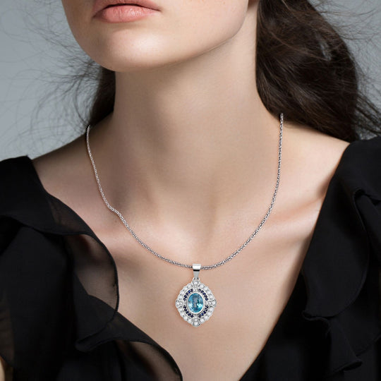 D'Joy Blauer Zirkon, Moissanit Anhänger mit Kette, ca. 50 cm 925 Silber rhodiniert ca. 3.67 ct