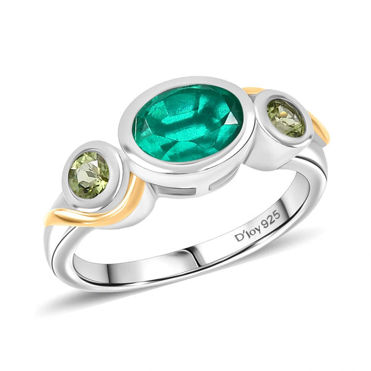 D'Joy Smaragd-Quarz Triplette Schmuckset 925 Silber platiniert und vergoldet (Größe 20) ca. 5.19 ct