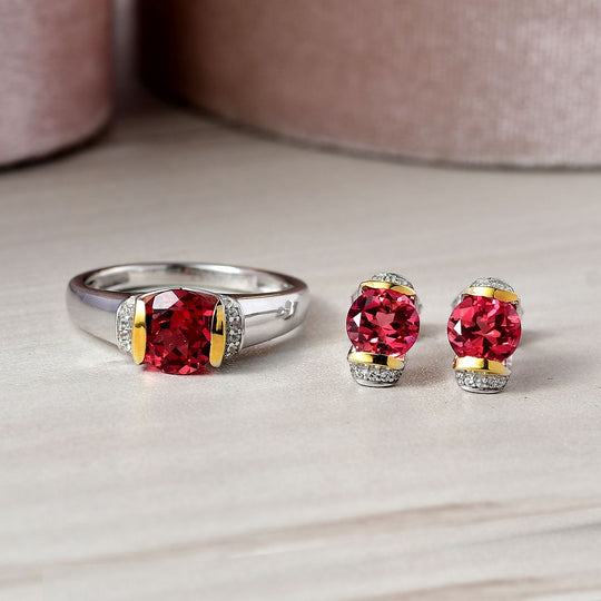 2er Set - D'joy Lab Grown Padparadscha-Saphir, Weißer Zirkon Ring und Ohrringe, 925 Silber Rhodiniert und 750 Gelbgold Vermeil (Größe 19.00) ca. 4.66 ct
