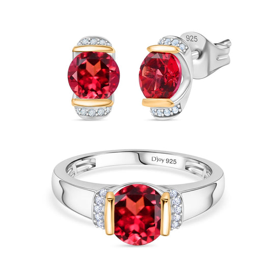 2er Set - D'joy Lab Grown Padparadscha-Saphir, Weißer Zirkon Ring und Ohrringe, 925 Silber Rhodiniert und 750 Gelbgold Vermeil (Größe 19.00) ca. 4.66 ct