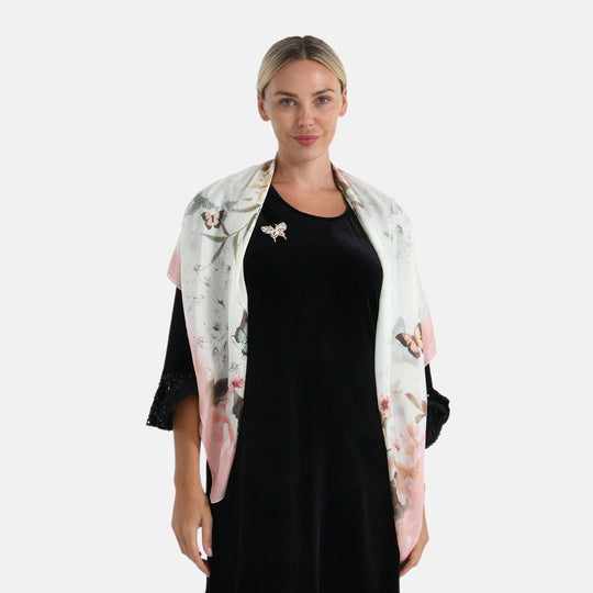LA MAREY signature 100% silk scarf, Silk pearl butterfly brooch Material: Silk & alloy color: off white Size: