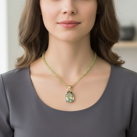 D'Joy AA Prasiolith, Peridot Schmuckset ca. 50 cm 925 Silber 750 Gelbgold Vermeil ca. 63.97 ct
