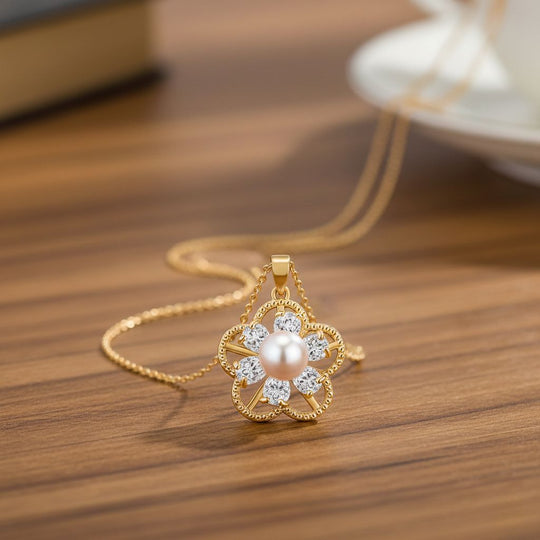 Weiße Süßwasser Perle (6-8 mm), Weißer Zirkonia Anhänger mit Kette, ca. 50 cm + 5 cm Extender, Nickelfreies Messing, Reines Kupfer vergoldet