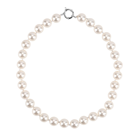 3er Set - Weiße Muschelkernperle (13-15 mm) Halskette ca. 50 cm, Armband-verstellbar, und Ohrringe Schmuckset, 316L Edelstahl